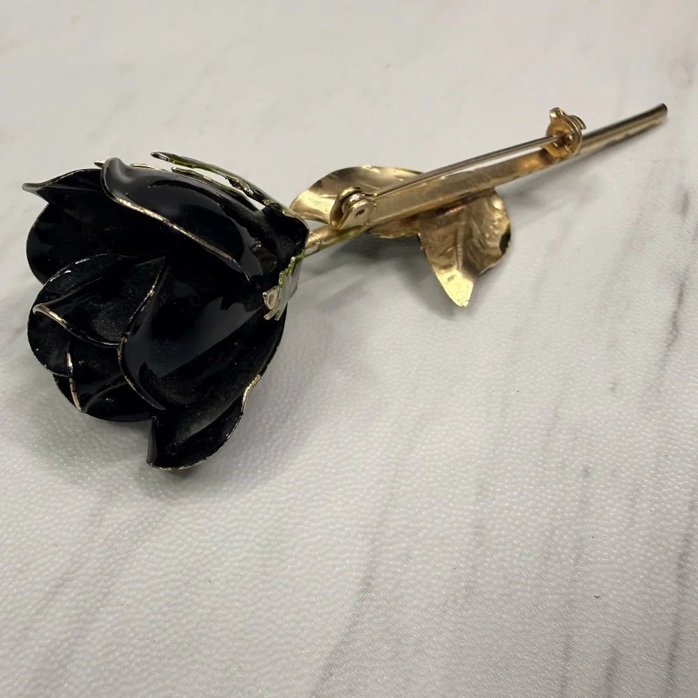 Gold Tone Black Rose Brooch - Picture 7 of 12